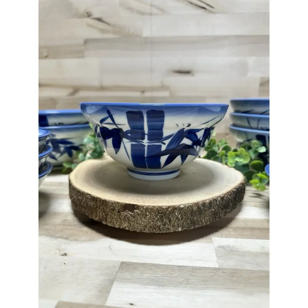 Set/12 Vintage Chinese Porcelain Rice Bowls Blue‎ & White Bamboo Motif 6 LG 6 SM